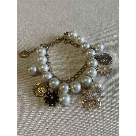 Betsey Johnson Jewelry - Betsey Johnson Charm Bracelet Faux Pearls Crystal Horse Equestrian Gold Coin